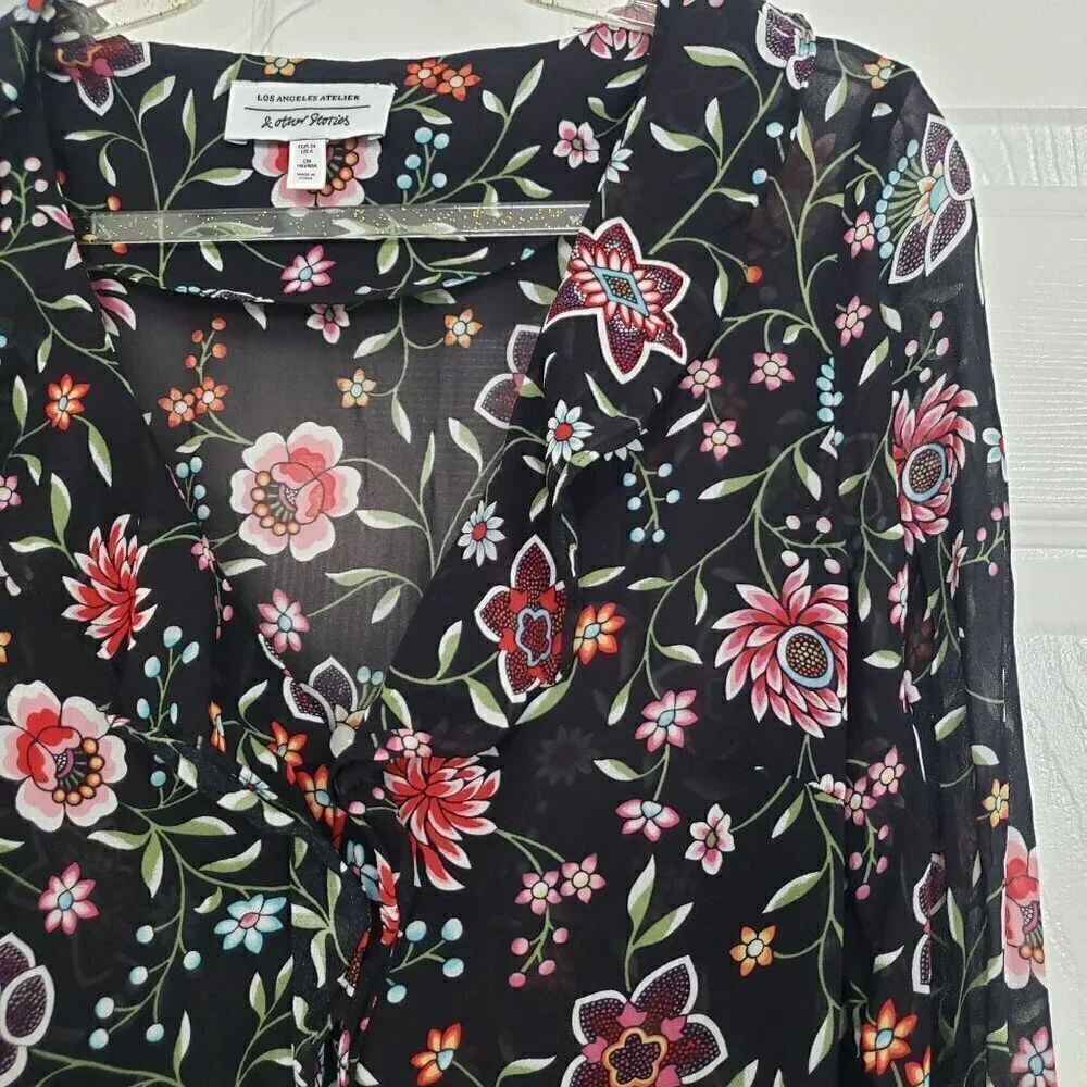 & Other Stories Dark Floral Midi Dress Cottage Lightweight Black Womens Size 4